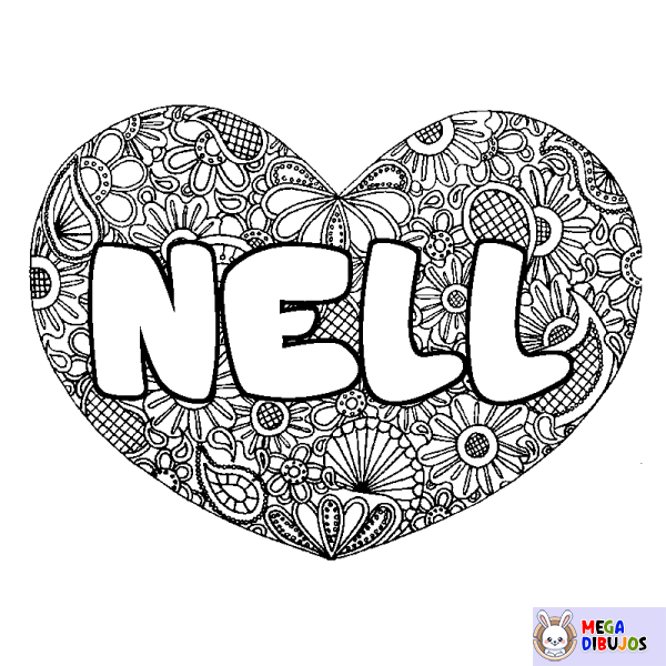 Coloración del nombre NELL - decorado mandala de coraz&oacute;n