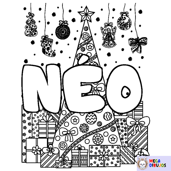 Coloración del nombre N&Eacute;O - decorado &aacute;rbol de Navidad y regalos