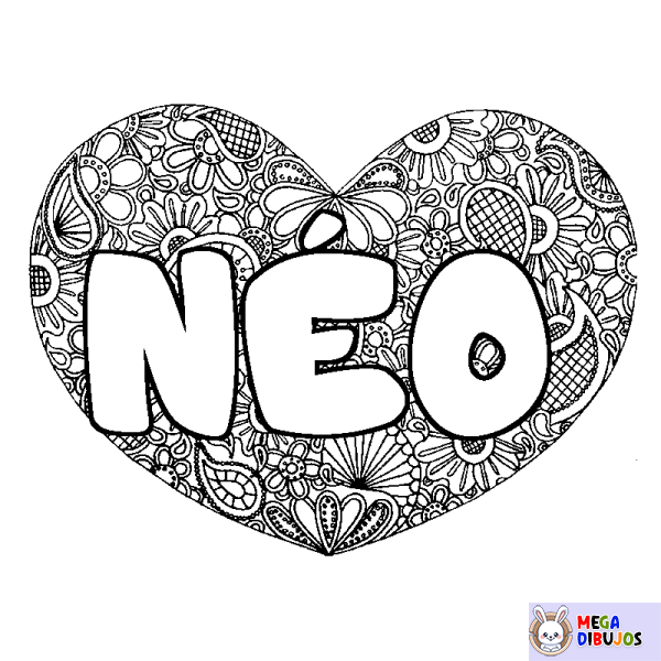 Coloración del nombre N&Eacute;O - decorado mandala de coraz&oacute;n