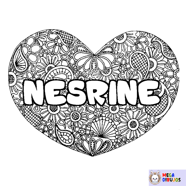 Coloración del nombre NESRINE - decorado mandala de coraz&oacute;n