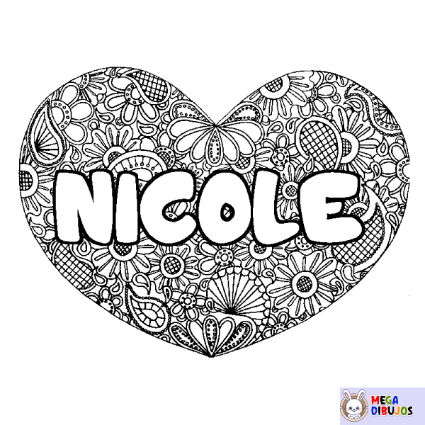 Coloración del nombre NICOLE - decorado mandala de coraz&oacute;n