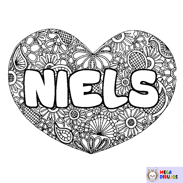 Coloración del nombre NIELS - decorado mandala de coraz&oacute;n