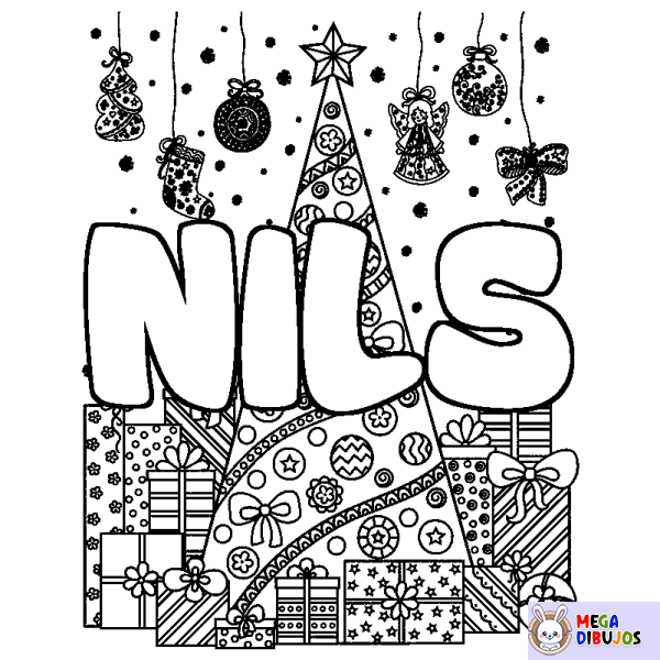 Coloración del nombre NILS - decorado &aacute;rbol de Navidad y regalos