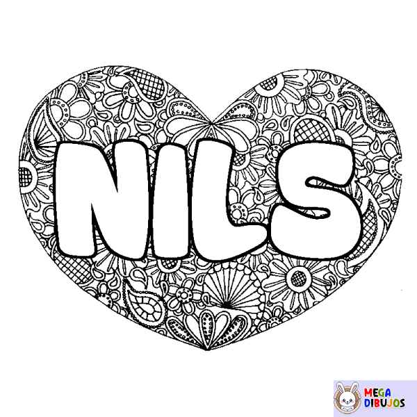 Coloración del nombre NILS - decorado mandala de coraz&oacute;n