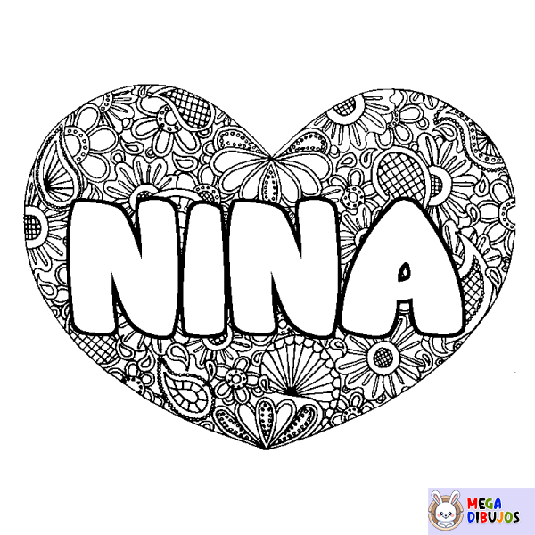 Coloración del nombre NINA - decorado mandala de coraz&oacute;n