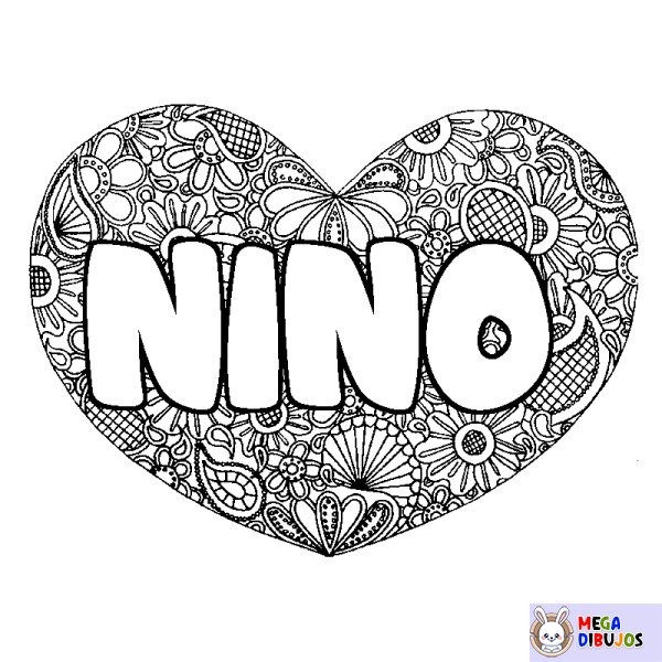 Coloración del nombre NINO - decorado mandala de coraz&oacute;n