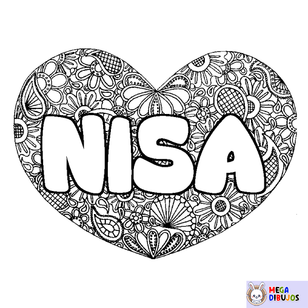 Coloración del nombre NISA - decorado mandala de coraz&oacute;n