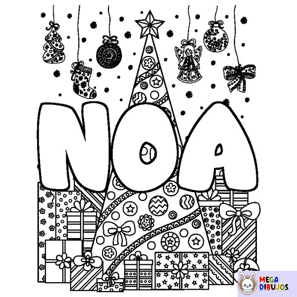 Coloración del nombre NOA - decorado &aacute;rbol de Navidad y regalos