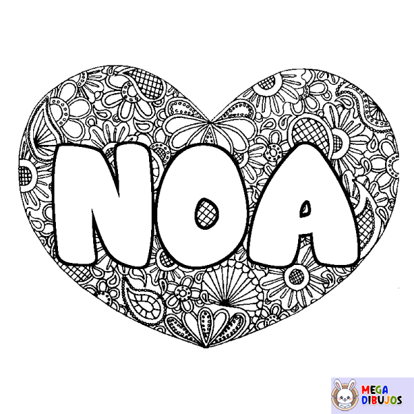 Coloración del nombre NOA - decorado mandala de coraz&oacute;n