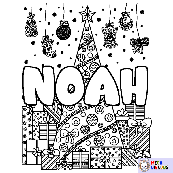 Coloración del nombre NOAH - decorado &aacute;rbol de Navidad y regalos