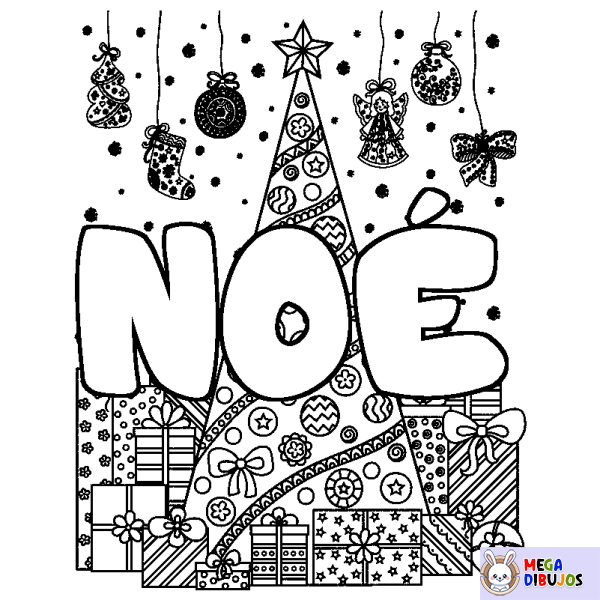 Coloración del nombre NO&Eacute; - decorado &aacute;rbol de Navidad y regalos