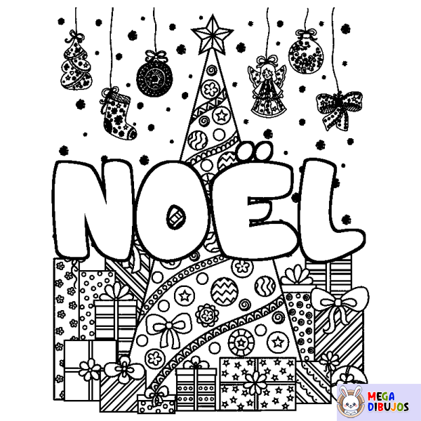 Coloración del nombre NO&Euml;L - decorado &aacute;rbol de Navidad y regalos