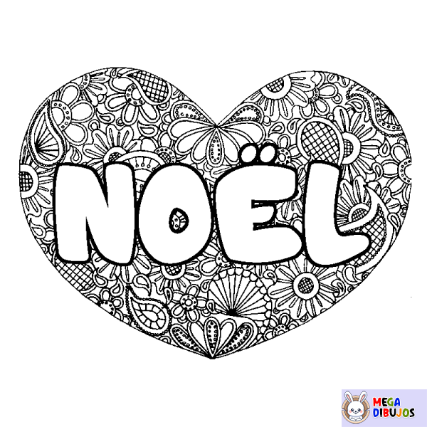 Coloración del nombre NO&Euml;L - decorado mandala de coraz&oacute;n