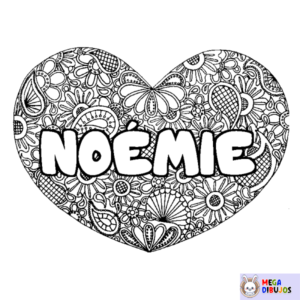 Coloración del nombre NO&Eacute;MIE - decorado mandala de coraz&oacute;n