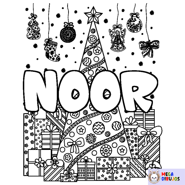 Coloración del nombre NOOR - decorado &aacute;rbol de Navidad y regalos