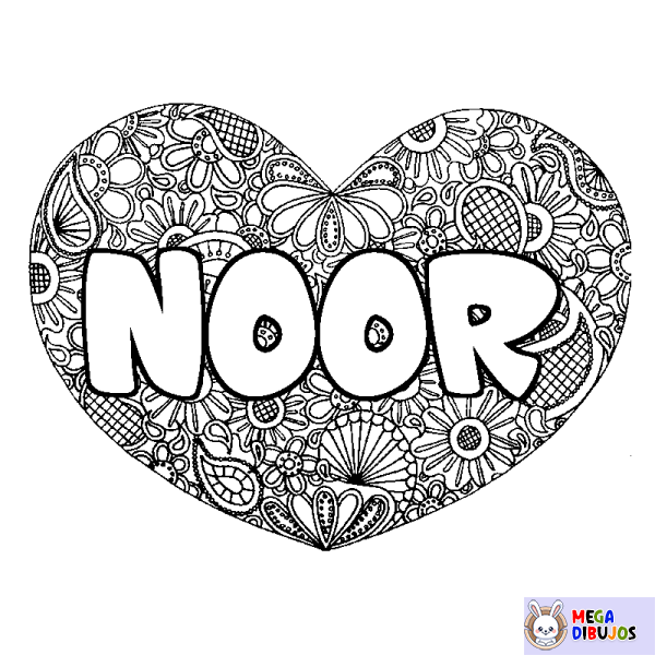 Coloración del nombre NOOR - decorado mandala de coraz&oacute;n