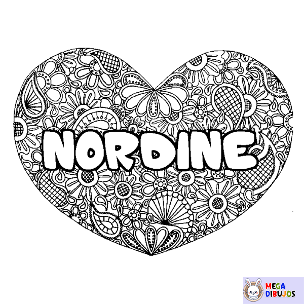 Coloración del nombre NORDINE - decorado mandala de coraz&oacute;n