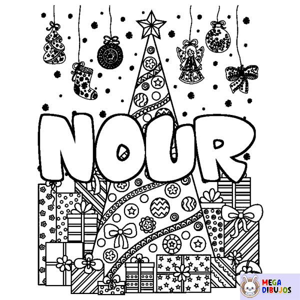 Coloración del nombre NOUR - decorado &aacute;rbol de Navidad y regalos