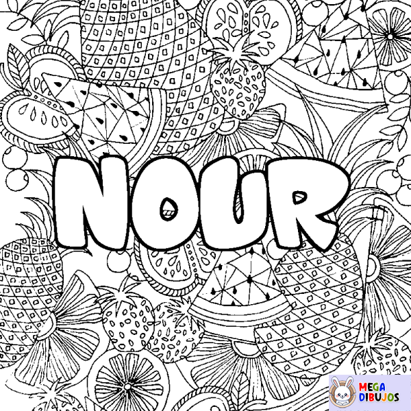 Coloración del nombre NOUR - decorado mandala de frutas