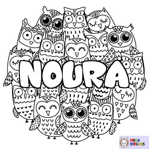 Coloración del nombre NOURA - decorado b&uacute;hos