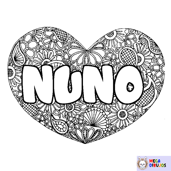 Coloración del nombre NUNO - decorado mandala de coraz&oacute;n