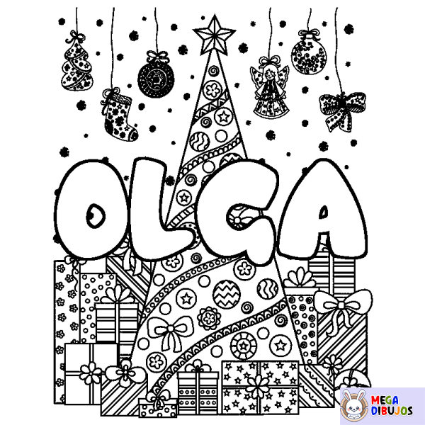 Coloración del nombre OLGA - decorado &aacute;rbol de Navidad y regalos