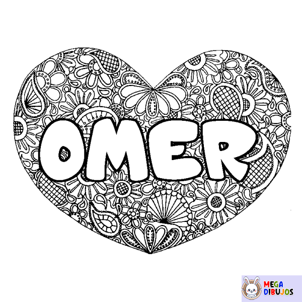 Coloración del nombre OMER - decorado mandala de coraz&oacute;n