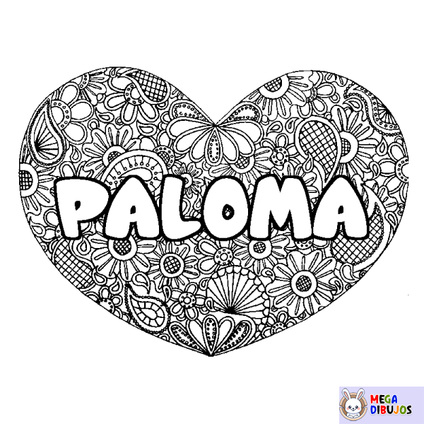 Coloración del nombre PALOMA - decorado mandala de coraz&oacute;n