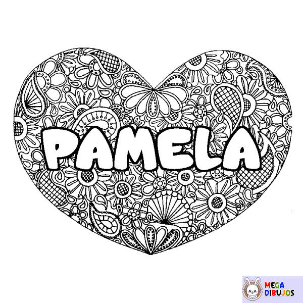 Coloración del nombre PAMELA - decorado mandala de coraz&oacute;n