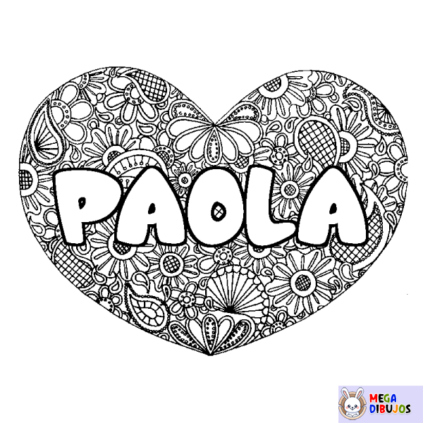 Coloración del nombre PAOLA - decorado mandala de coraz&oacute;n