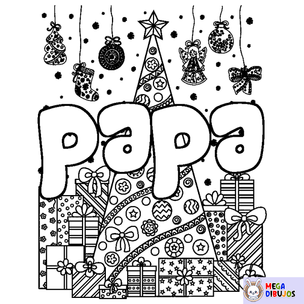 Coloración del nombre papa - decorado &aacute;rbol de Navidad y regalos