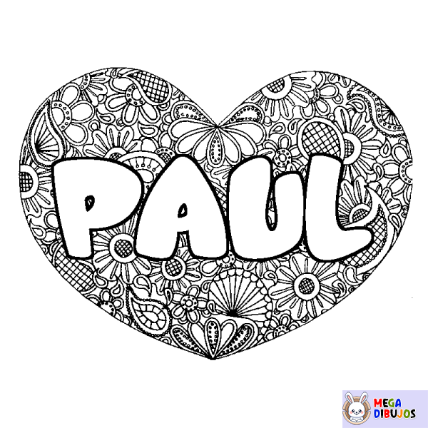 Coloración del nombre PAUL - decorado mandala de coraz&oacute;n