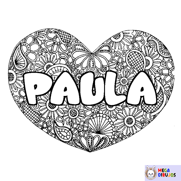 Coloración del nombre PAULA - decorado mandala de coraz&oacute;n