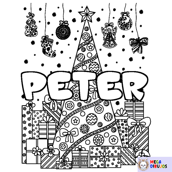 Coloración del nombre PETER - decorado &aacute;rbol de Navidad y regalos