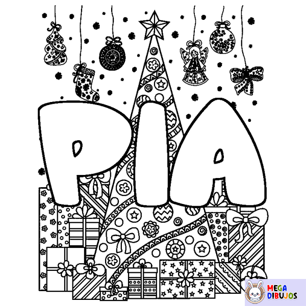 Coloración del nombre PIA - decorado &aacute;rbol de Navidad y regalos