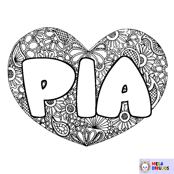 Coloración del nombre PIA - decorado mandala de coraz&oacute;n