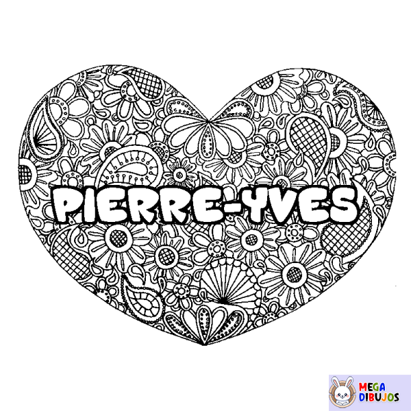 Coloración del nombre PIERRE-YVES - decorado mandala de coraz&oacute;n