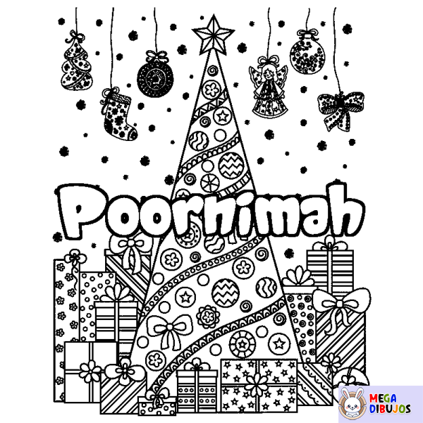 Coloración del nombre Poornimah - decorado &aacute;rbol de Navidad y regalos