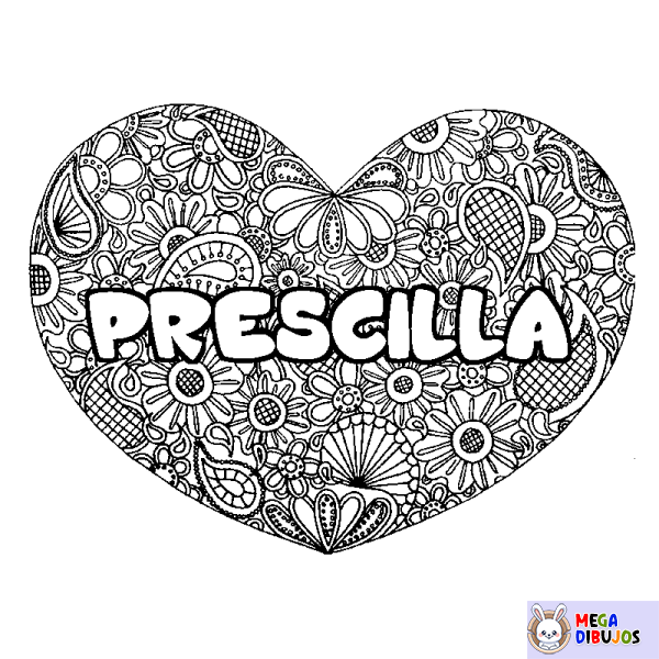 Coloración del nombre PRESCILLA - decorado mandala de coraz&oacute;n