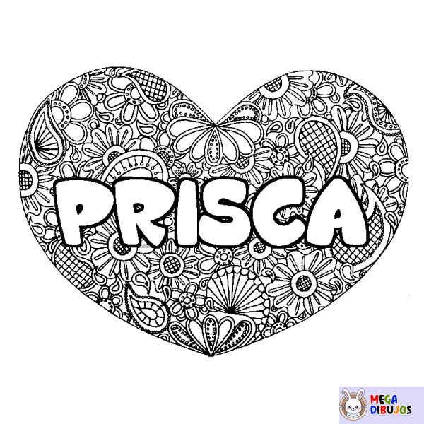 Coloración del nombre PRISCA - decorado mandala de coraz&oacute;n