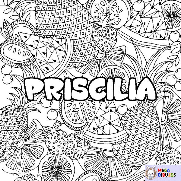 Coloración del nombre PRISCILIA - decorado mandala de frutas