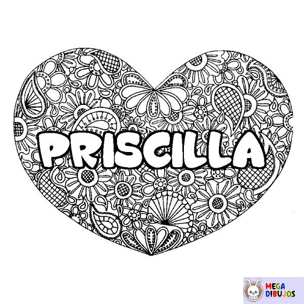 Coloración del nombre PRISCILLA - decorado mandala de coraz&oacute;n