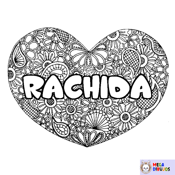 Coloración del nombre RACHIDA - decorado mandala de coraz&oacute;n