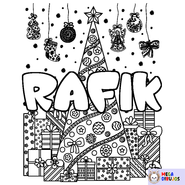 Coloración del nombre RAFIK - decorado &aacute;rbol de Navidad y regalos