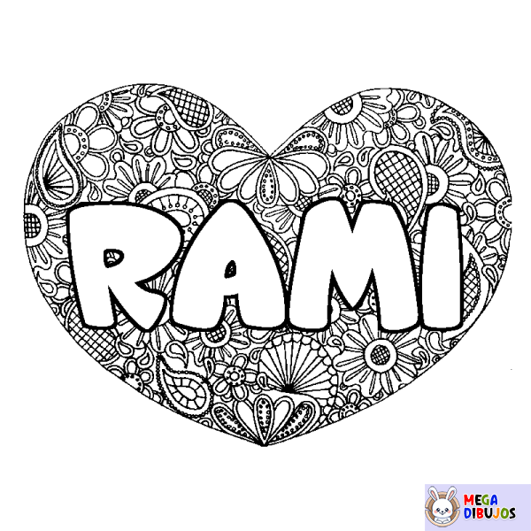 Coloración del nombre RAMI - decorado mandala de coraz&oacute;n