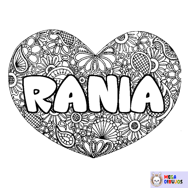 Coloración del nombre RANIA - decorado mandala de coraz&oacute;n