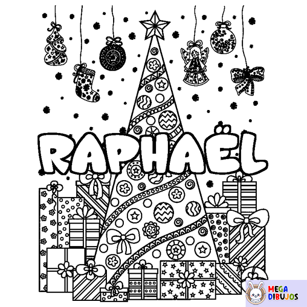 Coloración del nombre RAPHA&Euml;L - decorado &aacute;rbol de Navidad y regalos