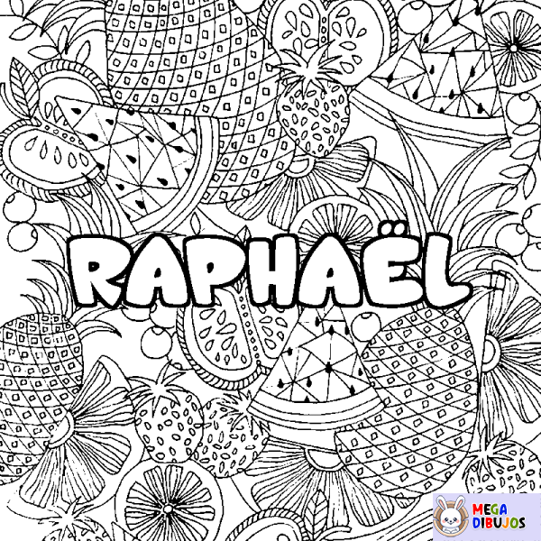 Coloración del nombre RAPHA&Euml;L - decorado mandala de frutas