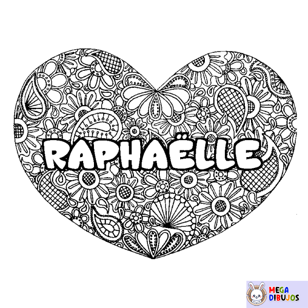 Coloración del nombre RAPHA&Euml;LLE - decorado mandala de coraz&oacute;n