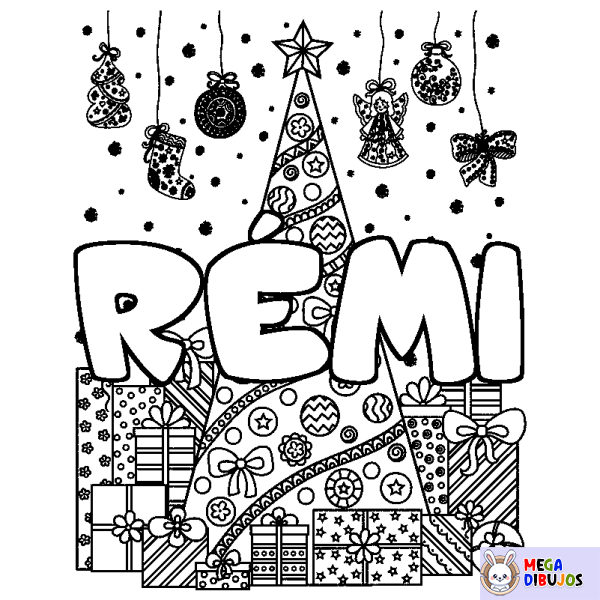 Coloración del nombre R&Eacute;MI - decorado &aacute;rbol de Navidad y regalos